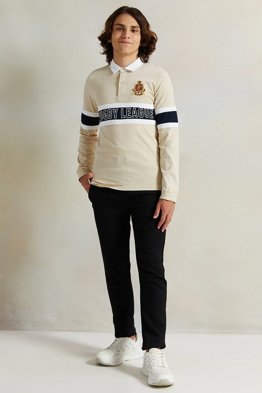 Senior Boys Beige Printed Polo Shirt