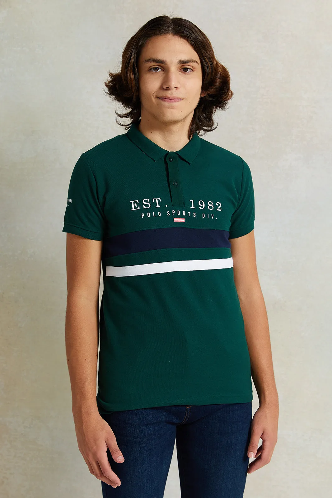 Senior Boys Green Printed Polo Shirt