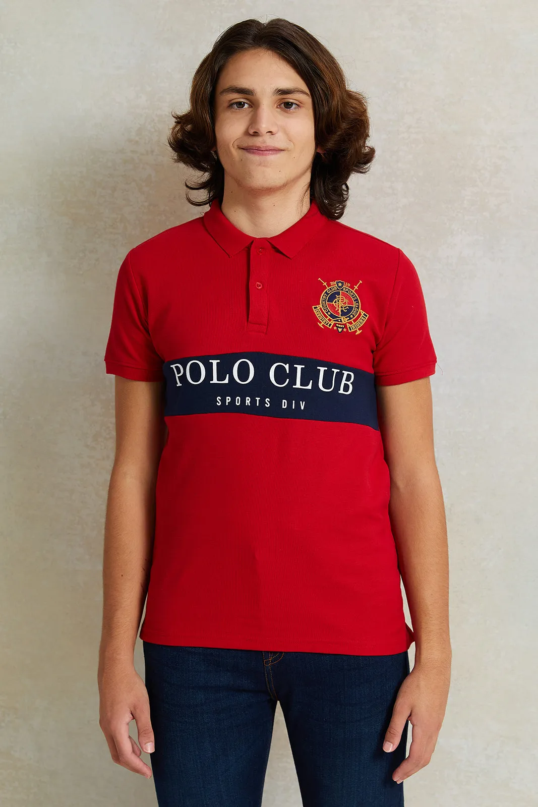 Senior Boys Red Printed Polo Shirt