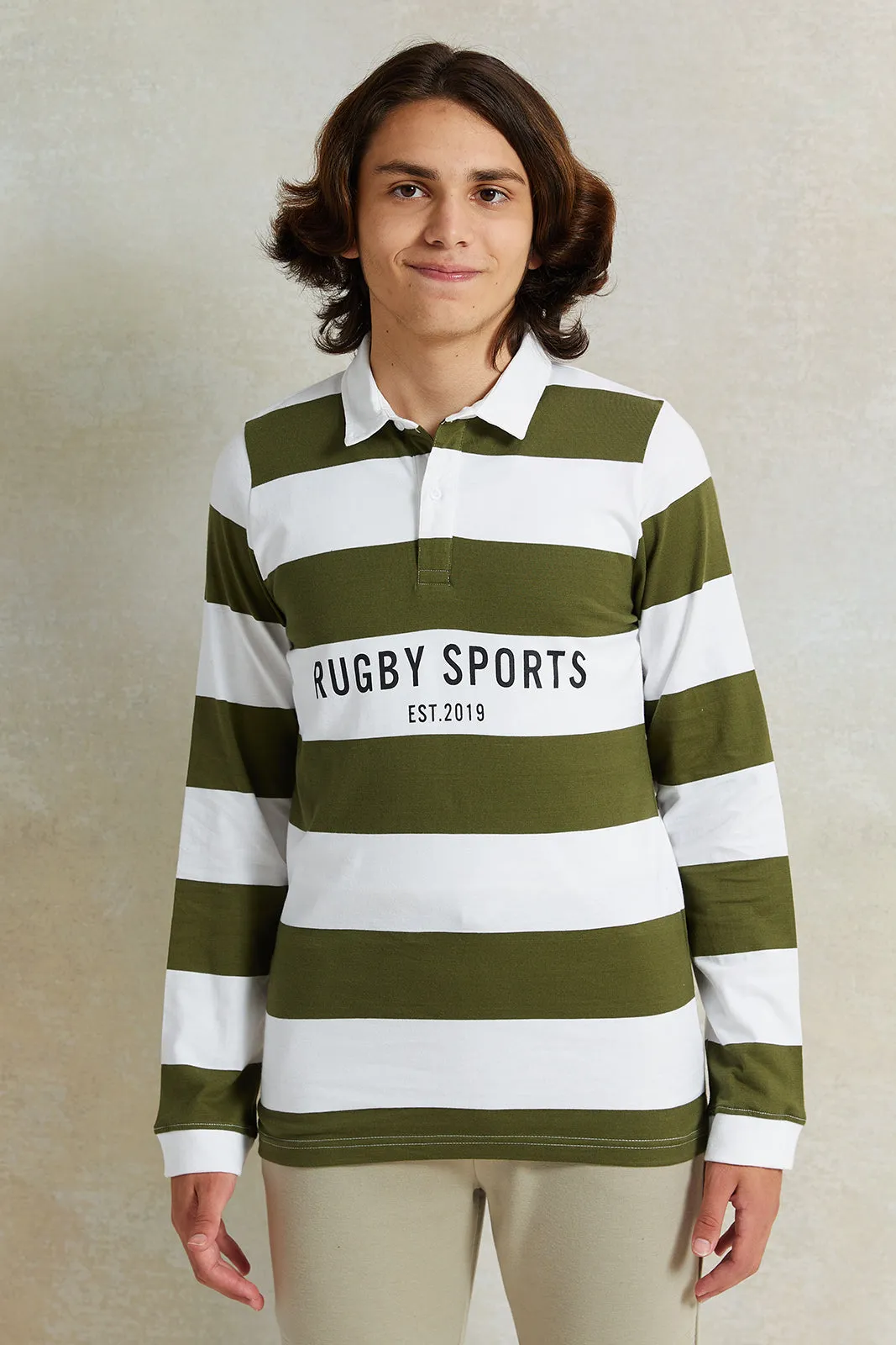 Senior Boys White And Green Striped Polo Shirt