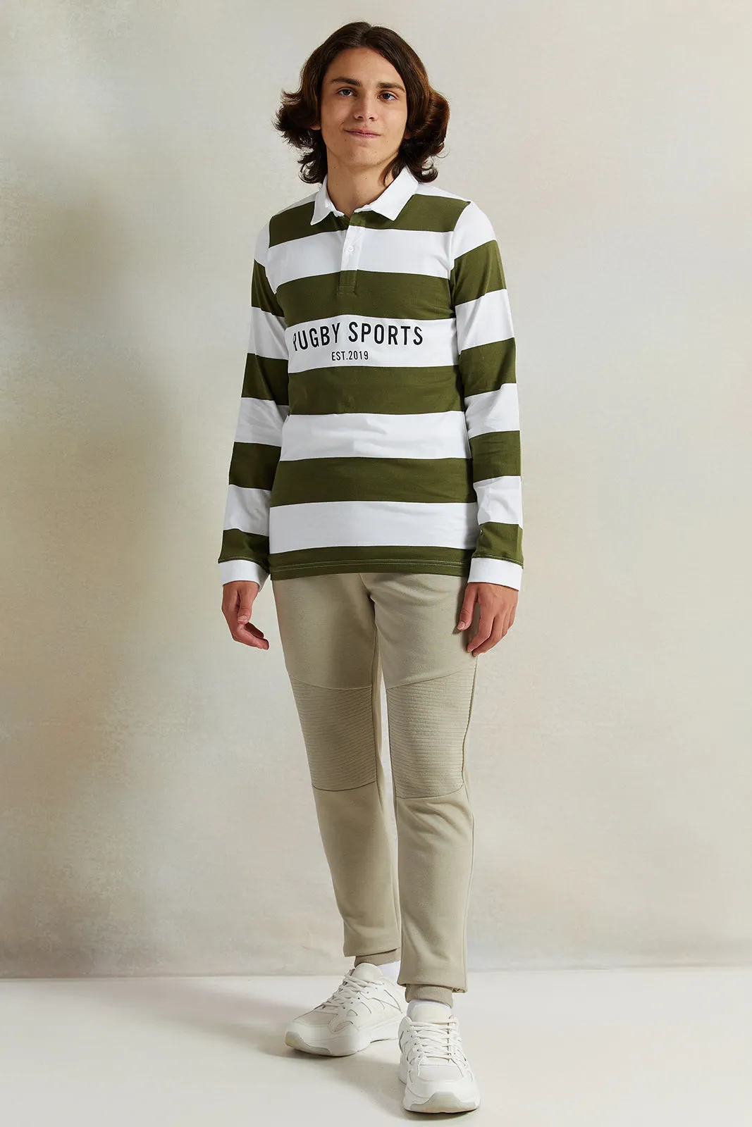 Senior Boys White And Green Striped Polo Shirt