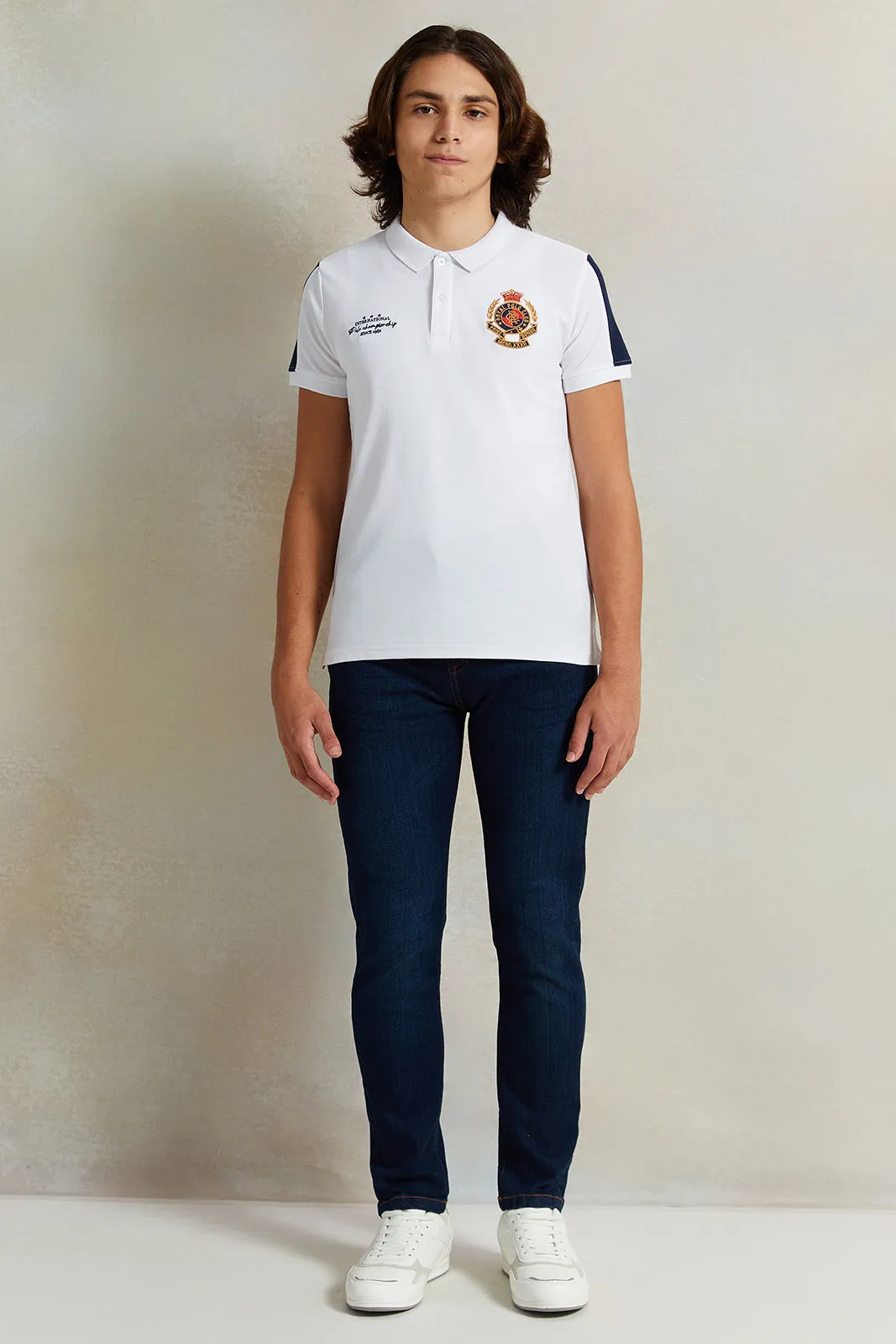 Senior Boys White Printed Polo Shirt