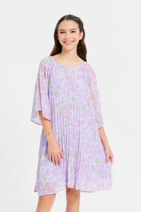 Senior Girls Blue And Purple Printed Dress