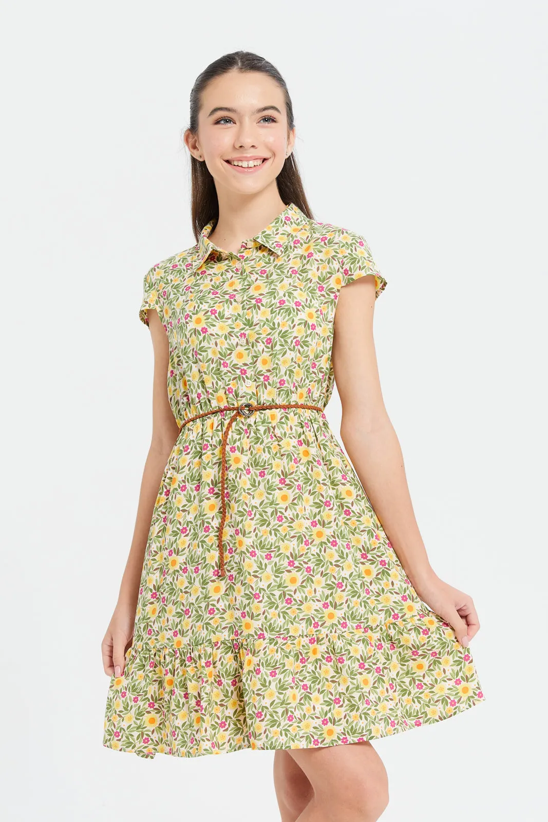 Senior Girls Yellow Printed Dress With Belt