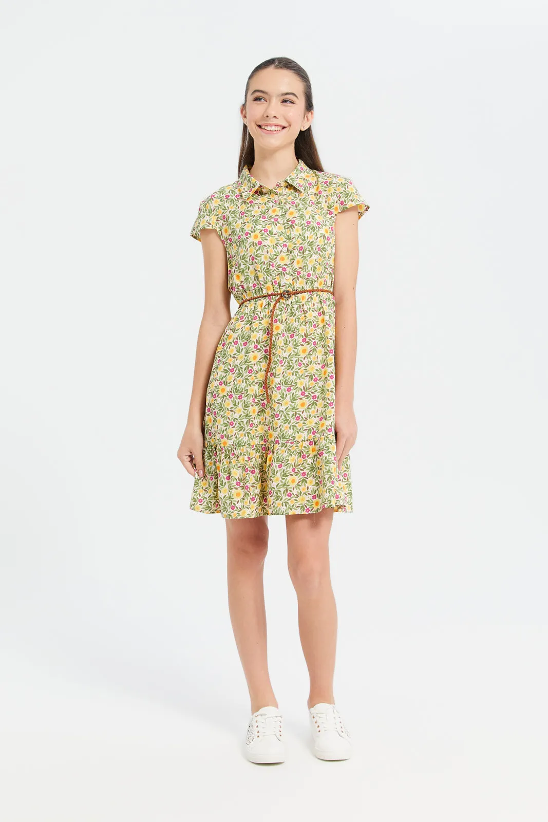 Senior Girls Yellow Printed Dress With Belt