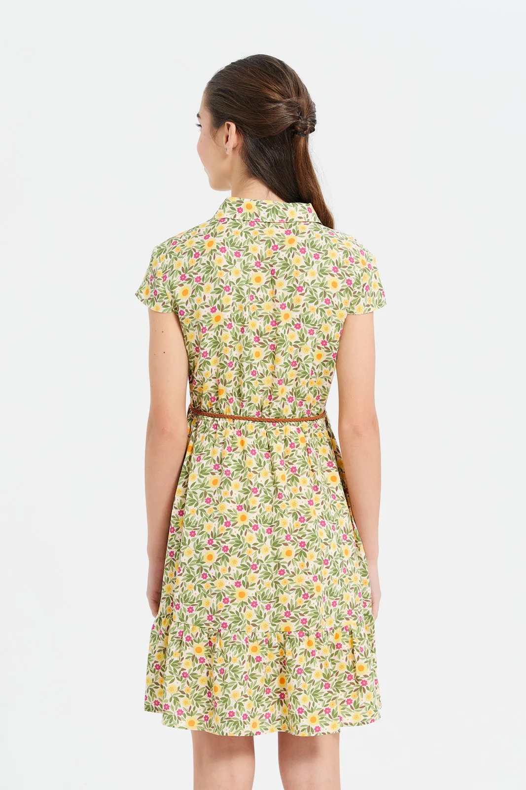 Senior Girls Yellow Printed Dress With Belt