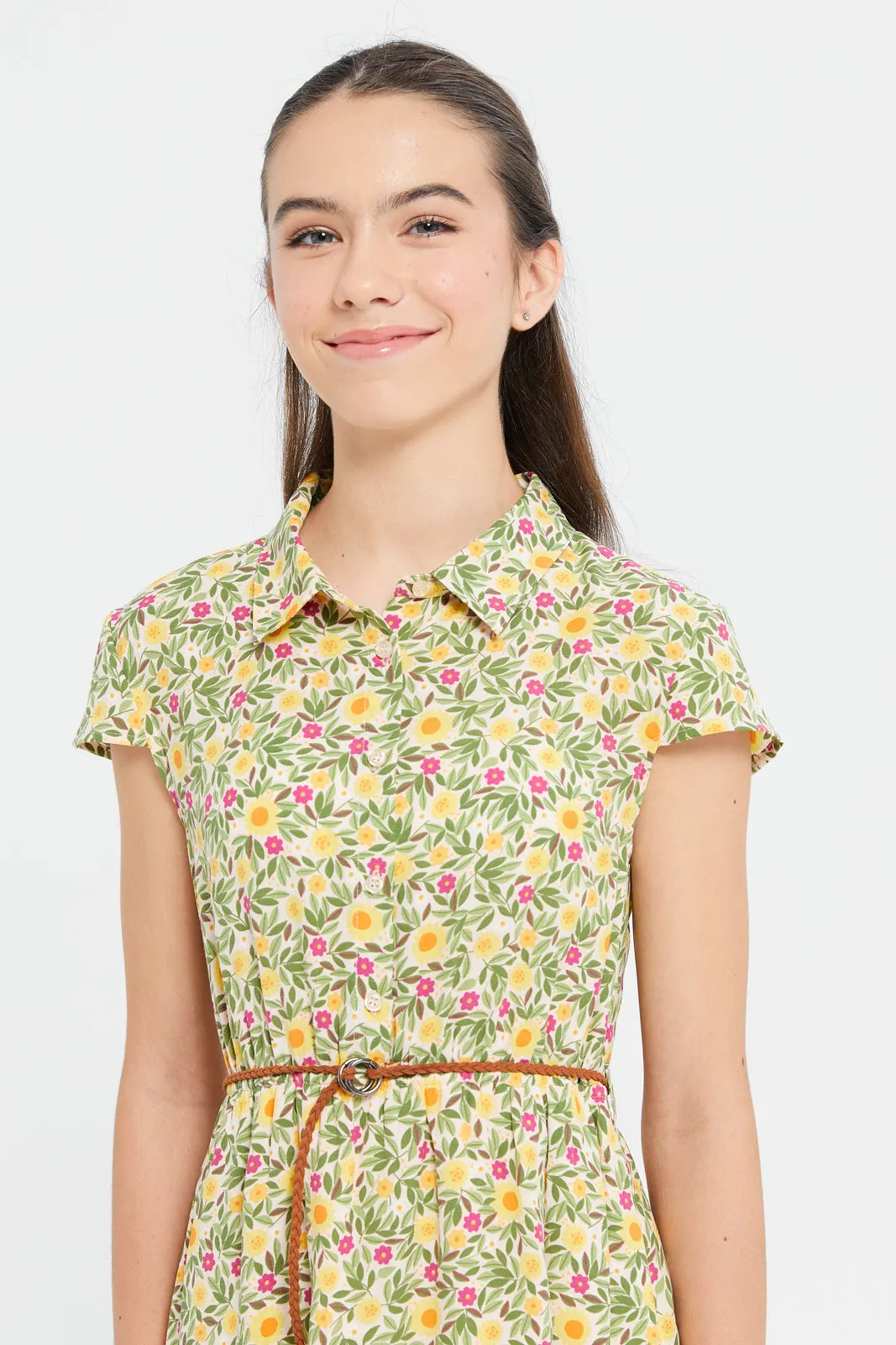 Senior Girls Yellow Printed Dress With Belt