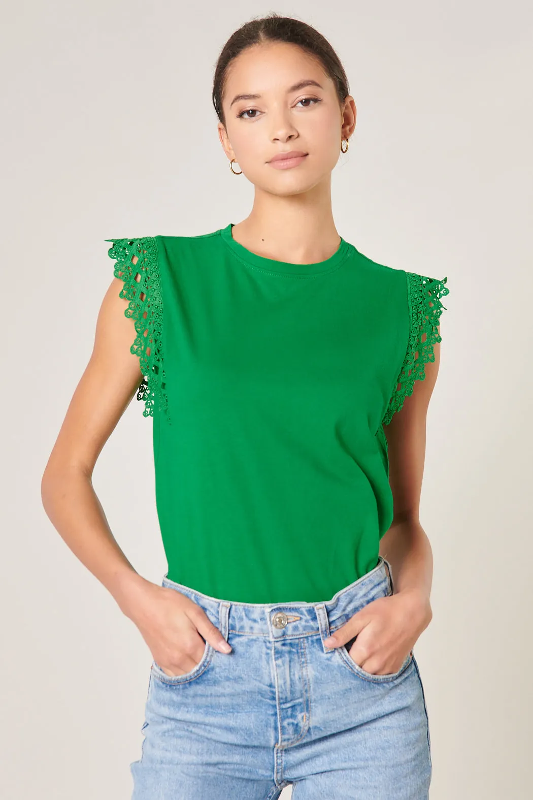 Shea Lace Trim Cap Sleeve Cotton Knit Top