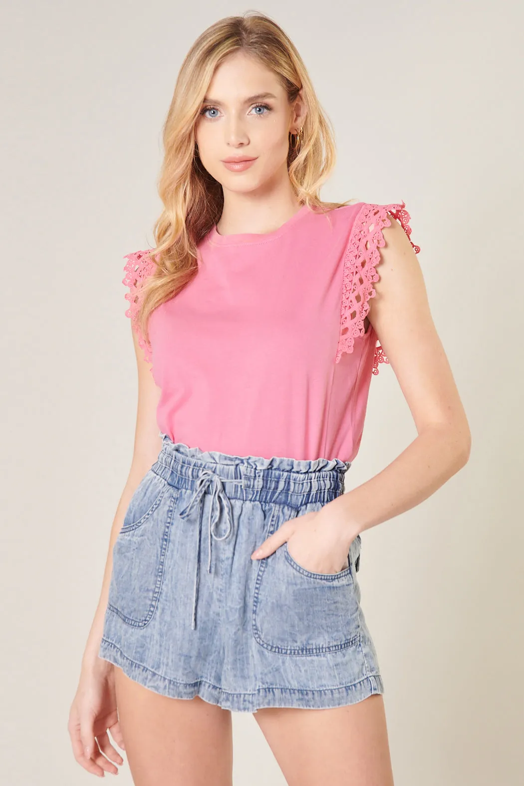 Shea Lace Trim Cap Sleeve Cotton Knit Top