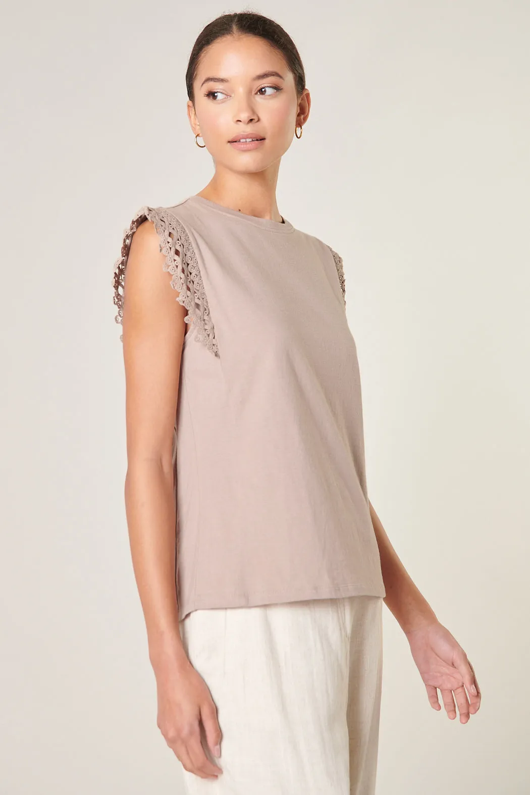 Shea Lace Trim Cap Sleeve Cotton Knit Top