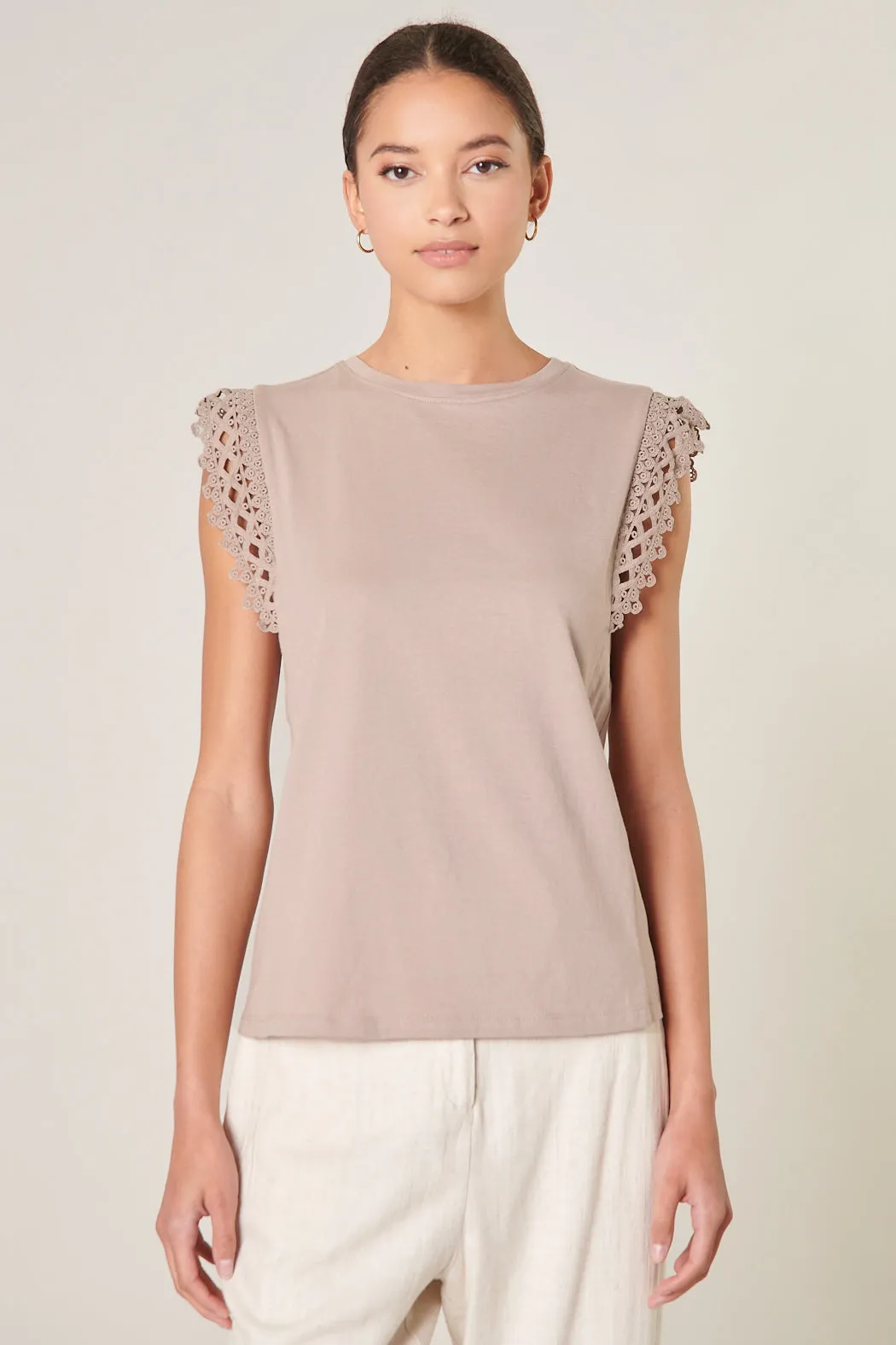 Shea Lace Trim Cap Sleeve Cotton Knit Top