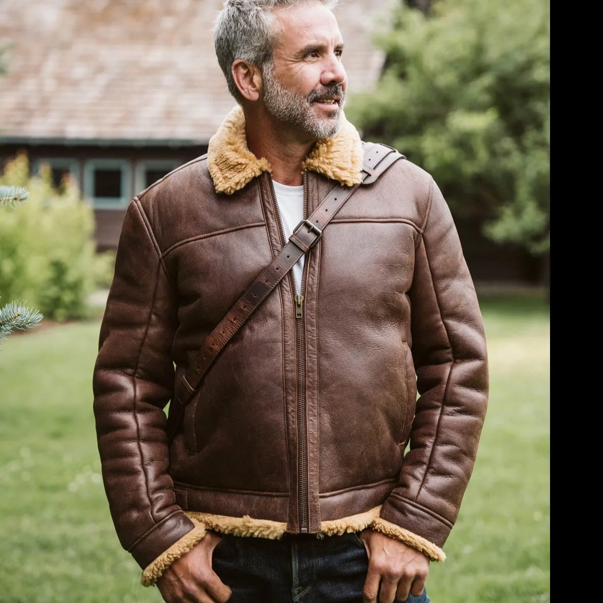 Shearling Leather Bomber Jacket | Grizzly Brown