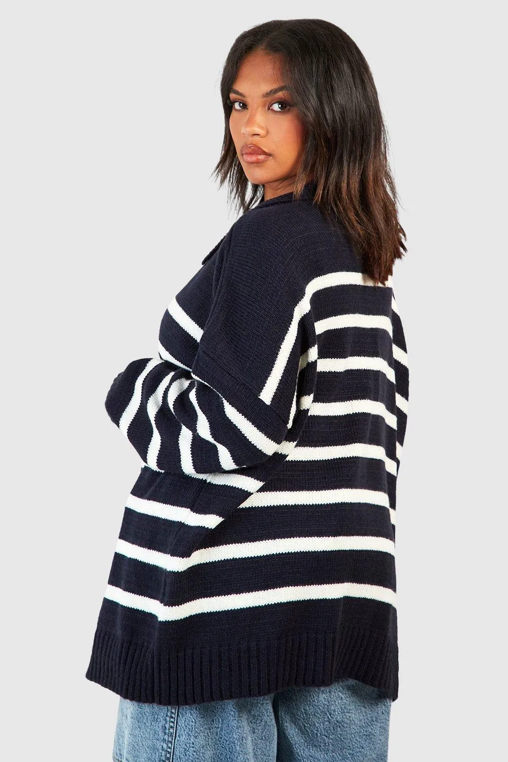 Shop Plus Size Collared Stripe Jumpers & Cardigans at boohoo