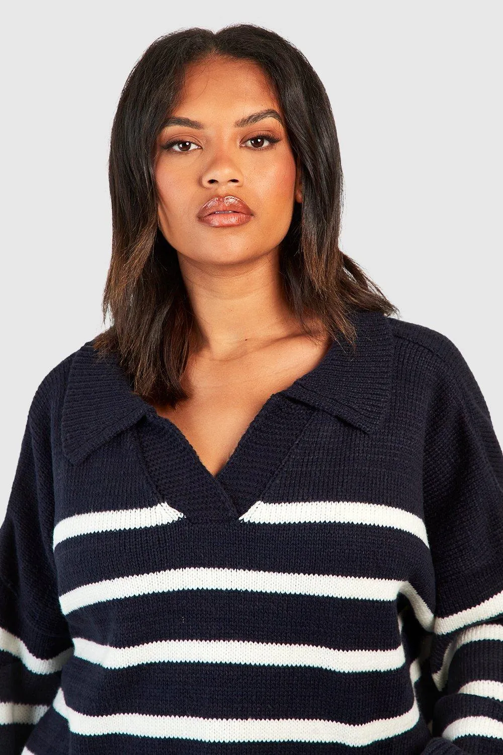 Shop Plus Size Collared Stripe Jumpers & Cardigans at boohoo