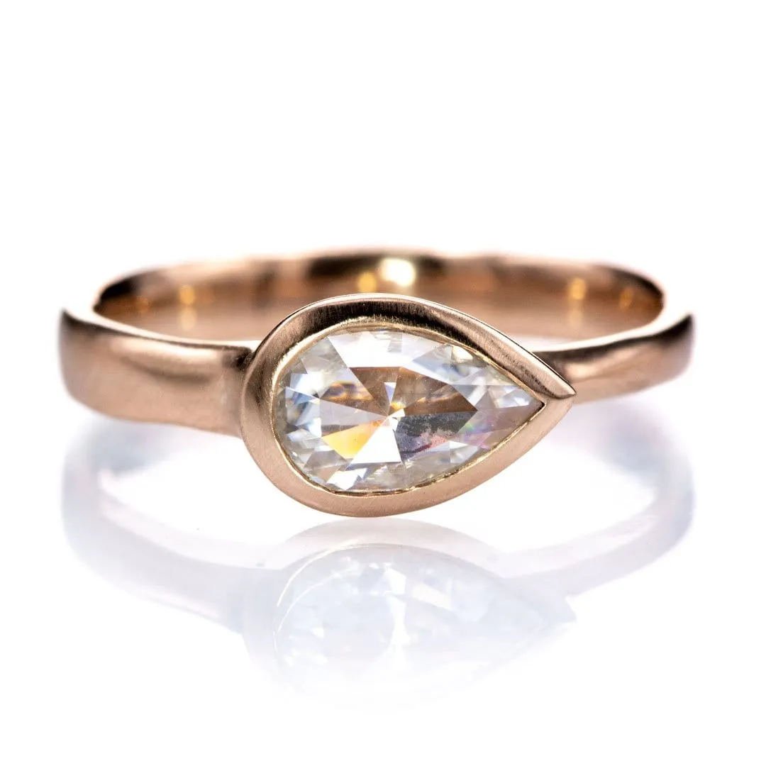 Sideways Rose Cut Moissanite Pear Bezel Set Solitaire 14k Rose gold Engagement Ring, Ready to ship