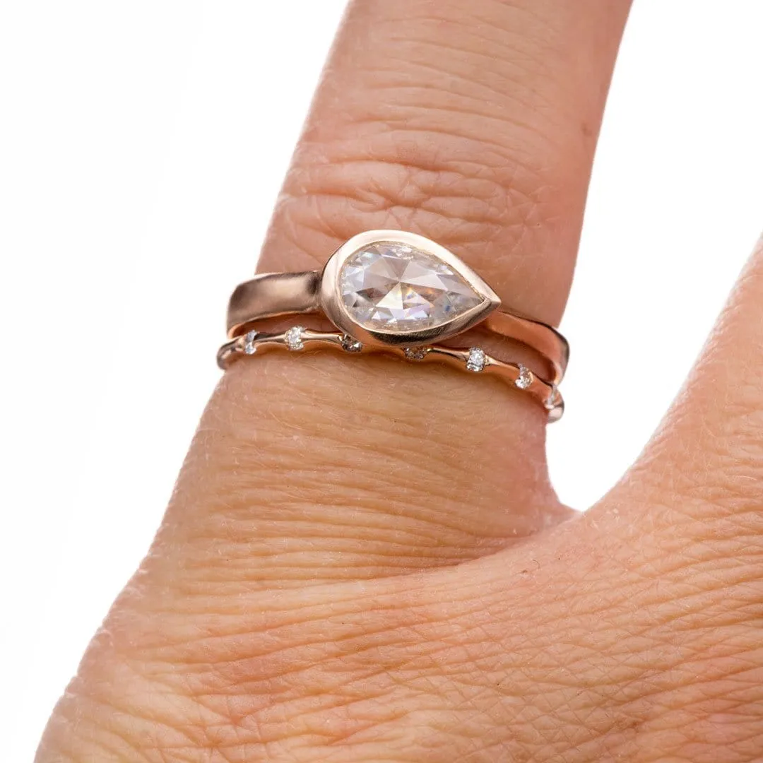 Sideways Rose Cut Moissanite Pear Bezel Set Solitaire 14k Rose gold Engagement Ring, Ready to ship