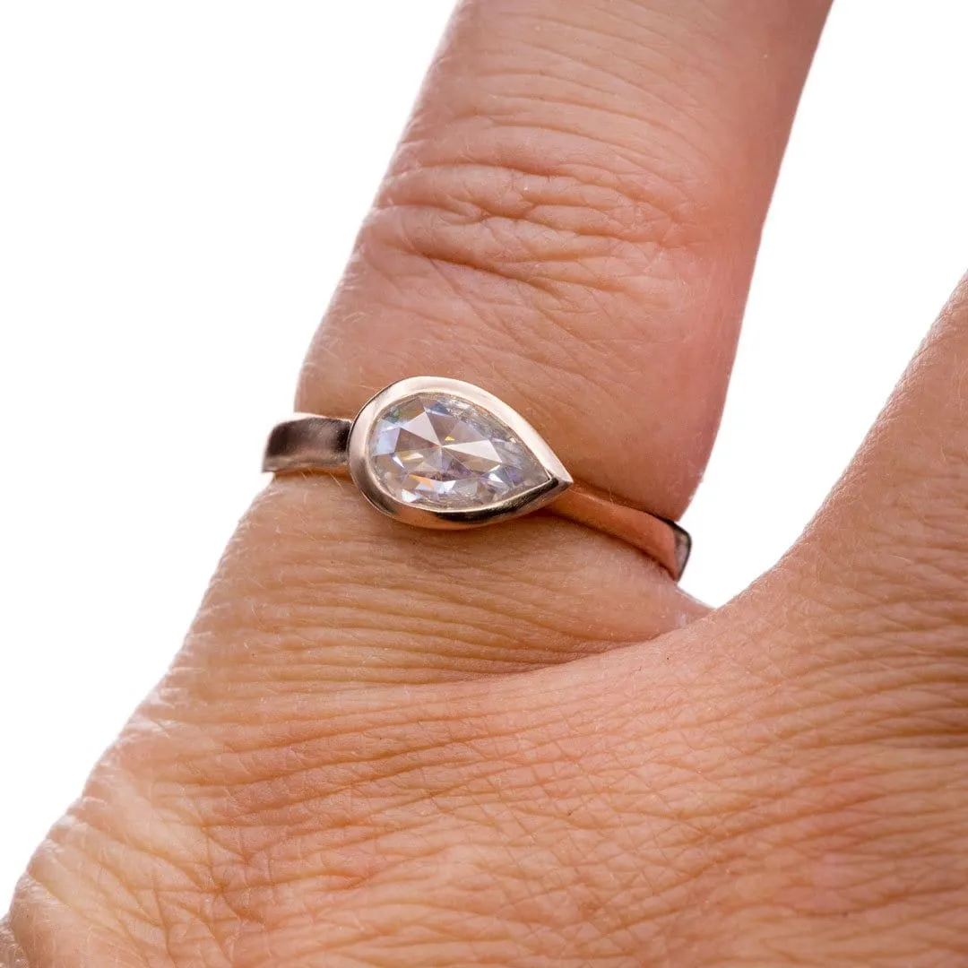 Sideways Rose Cut Moissanite Pear Bezel Set Solitaire 14k Rose gold Engagement Ring, Ready to ship