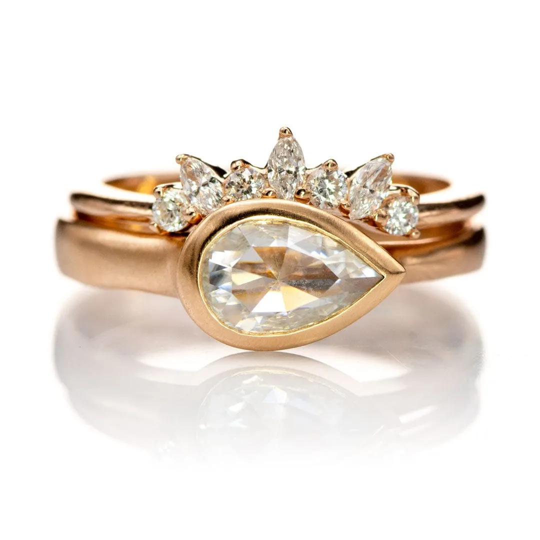 Sideways Rose Cut Moissanite Pear Bezel Set Solitaire 14k Rose gold Engagement Ring, Ready to ship