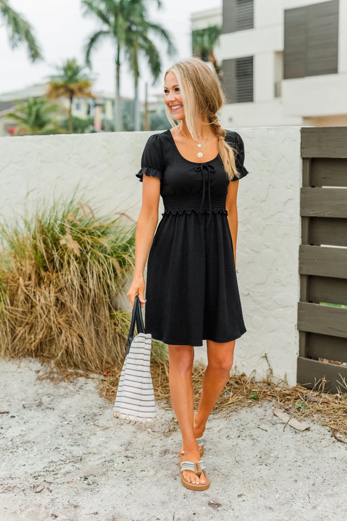 Black Smocked Knit Dress with Sincere Smiles