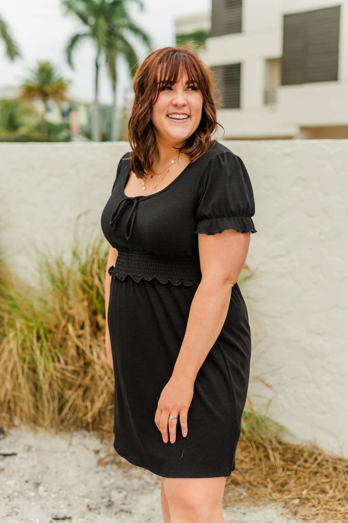 Black Smocked Knit Dress with Sincere Smiles