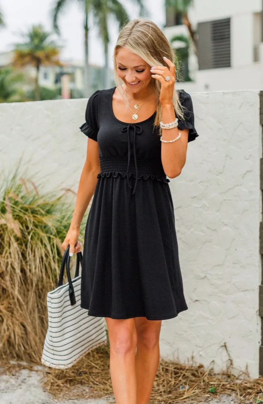 Black Smocked Knit Dress with Sincere Smiles