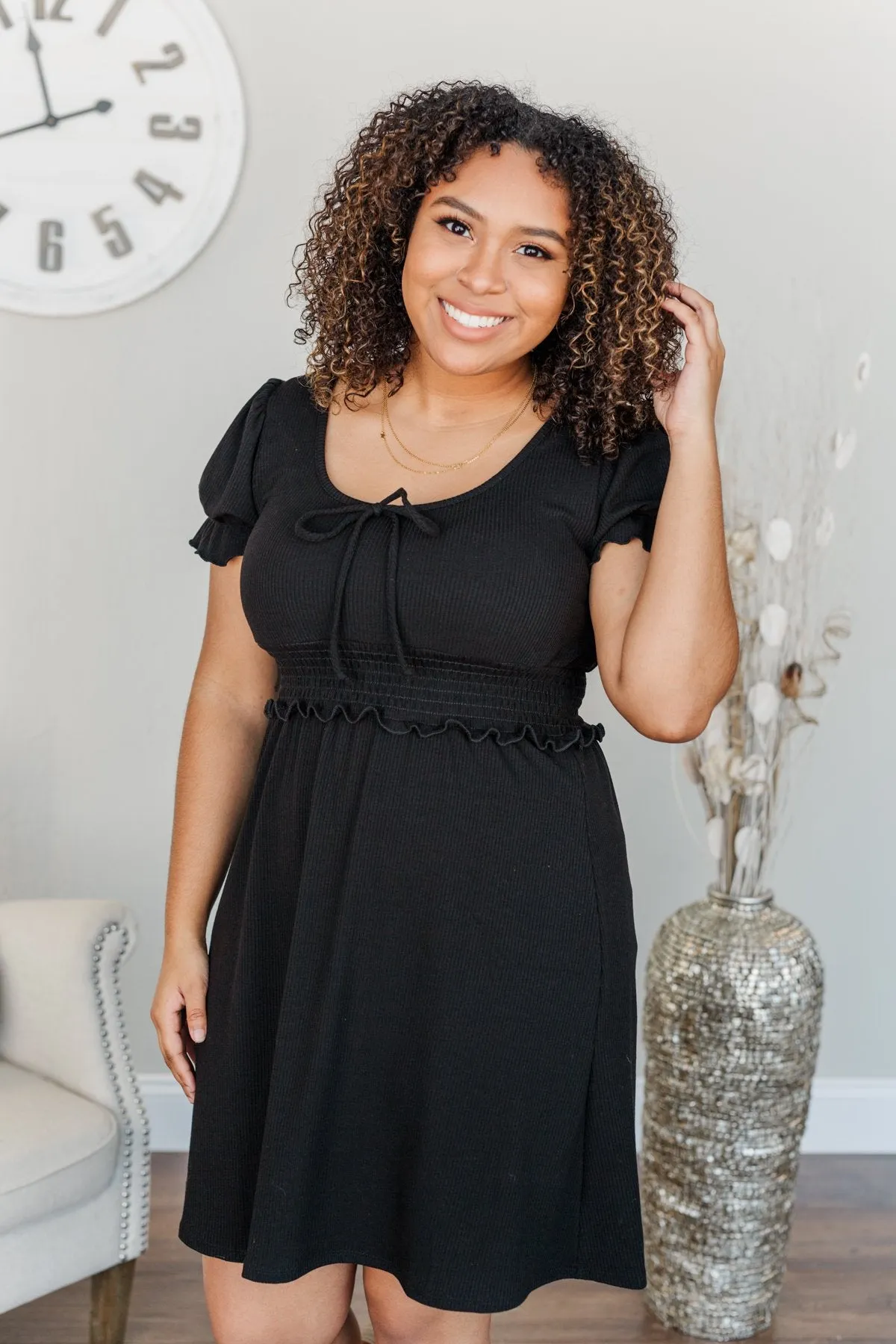 Black Smocked Knit Dress with Sincere Smiles