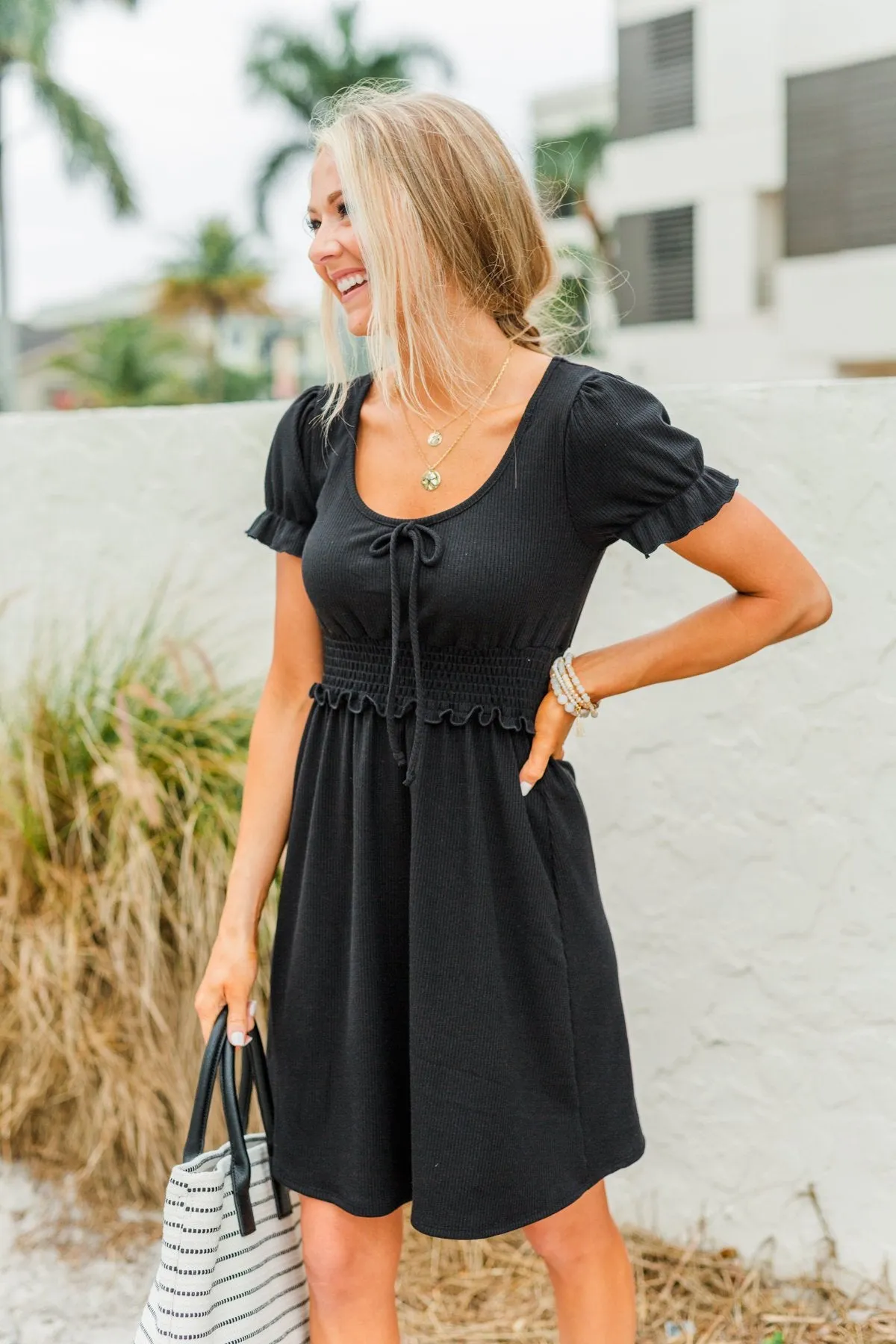 Black Smocked Knit Dress with Sincere Smiles