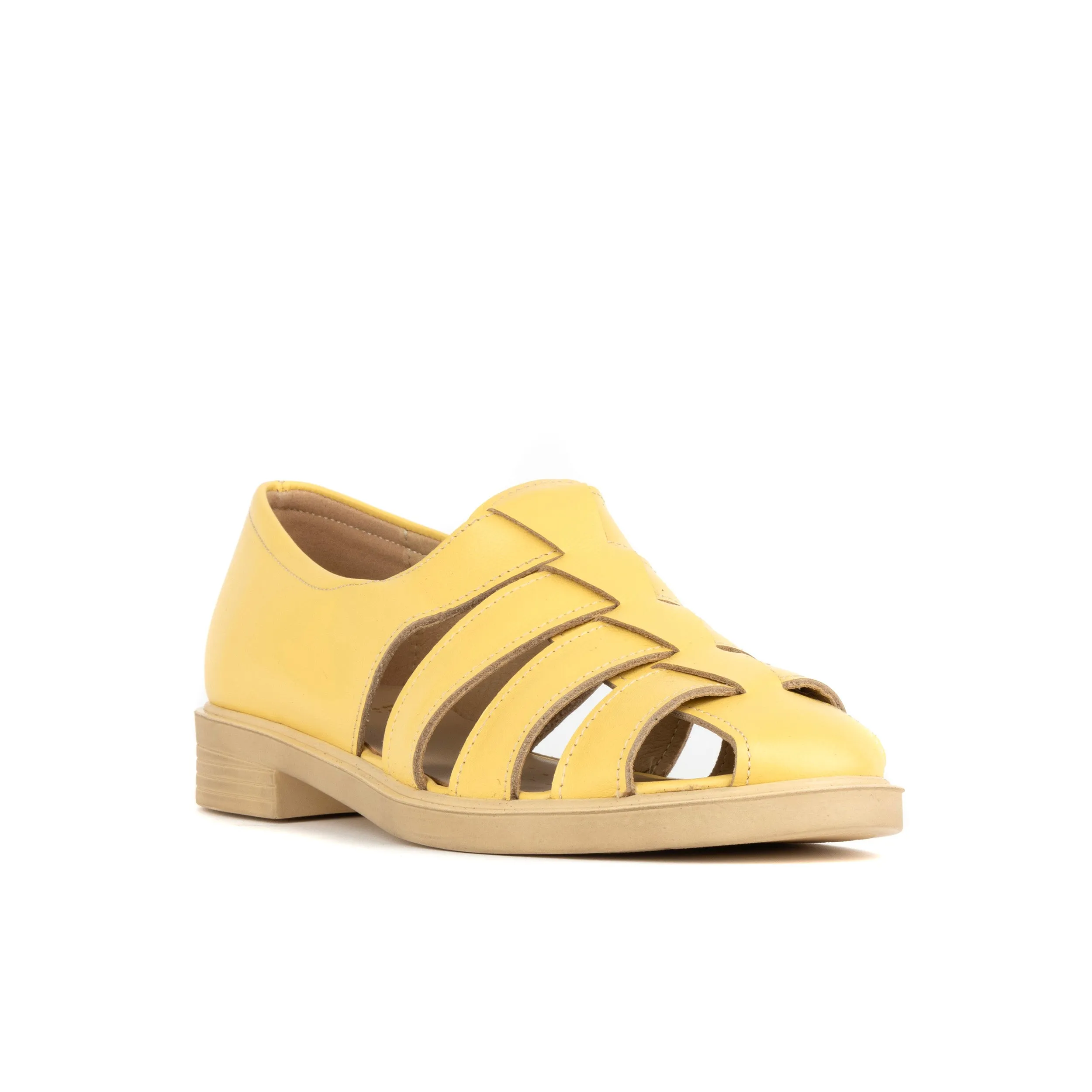 SORRENTO YELLOW - Women's woven straps flat leather sandal with covered back