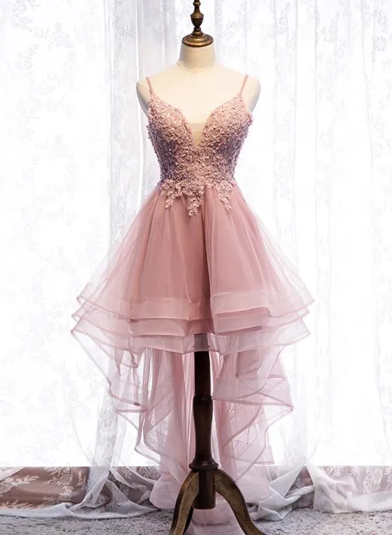 Straps Pink Homecoming Dress High Low Party Dress, Homecoming Dress