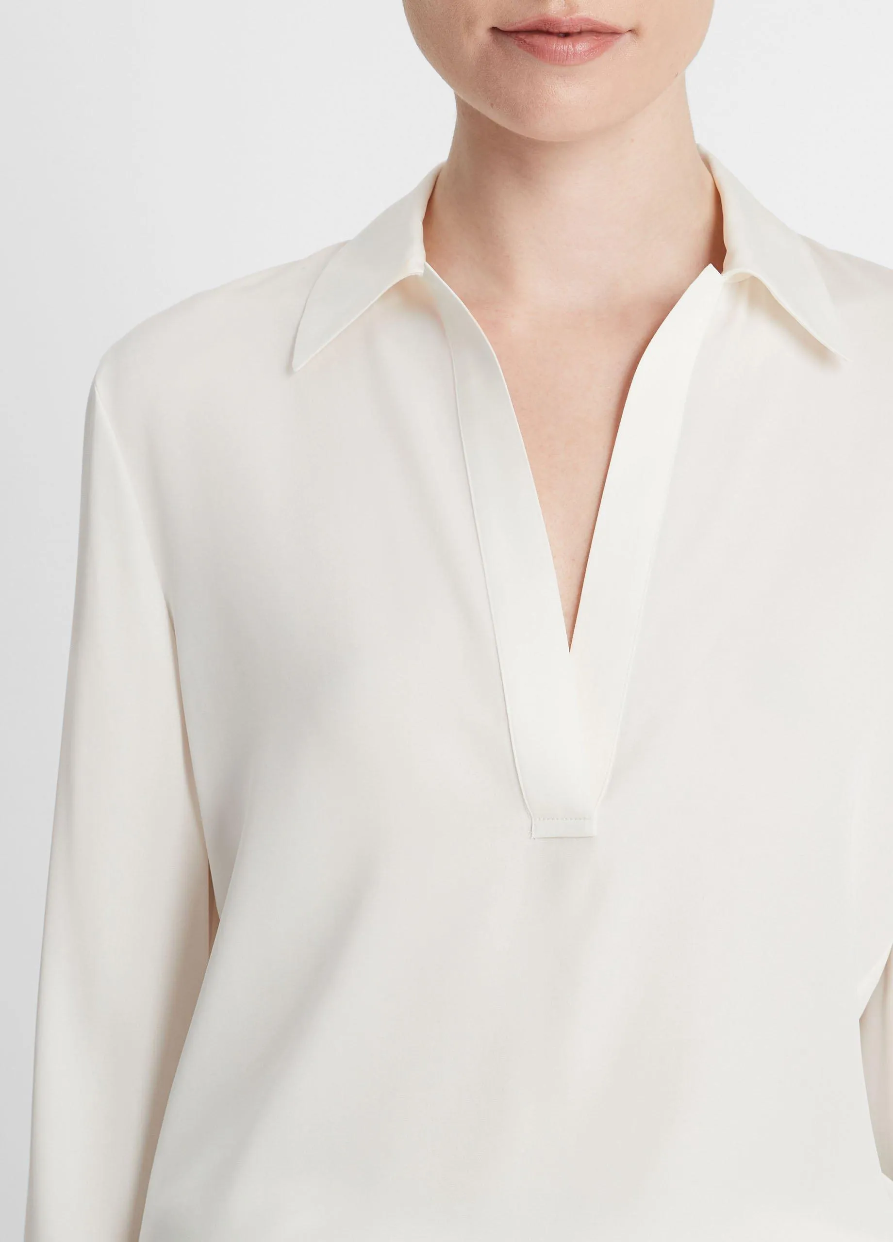 Stretch-Silk Long-Sleeve Polo Blouse