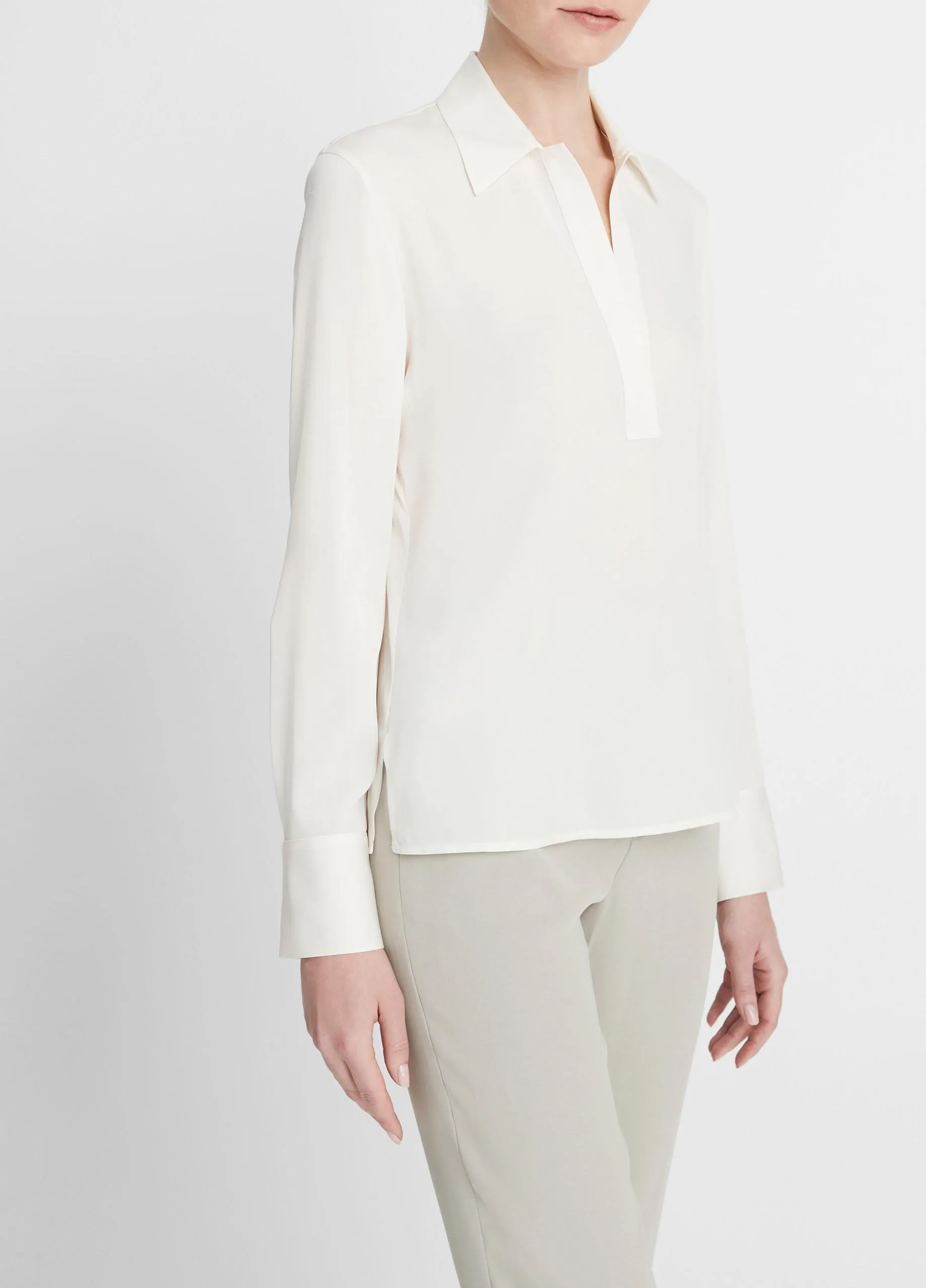 Stretch-Silk Long-Sleeve Polo Blouse