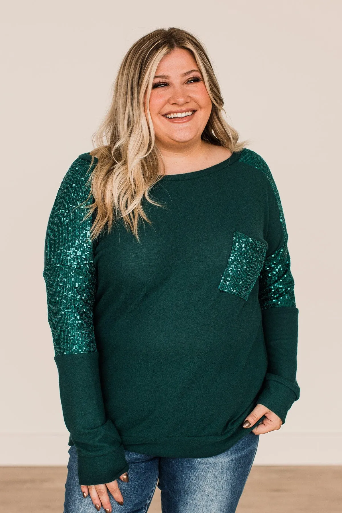 Hunter Green Sequin Knit Top to Take Note