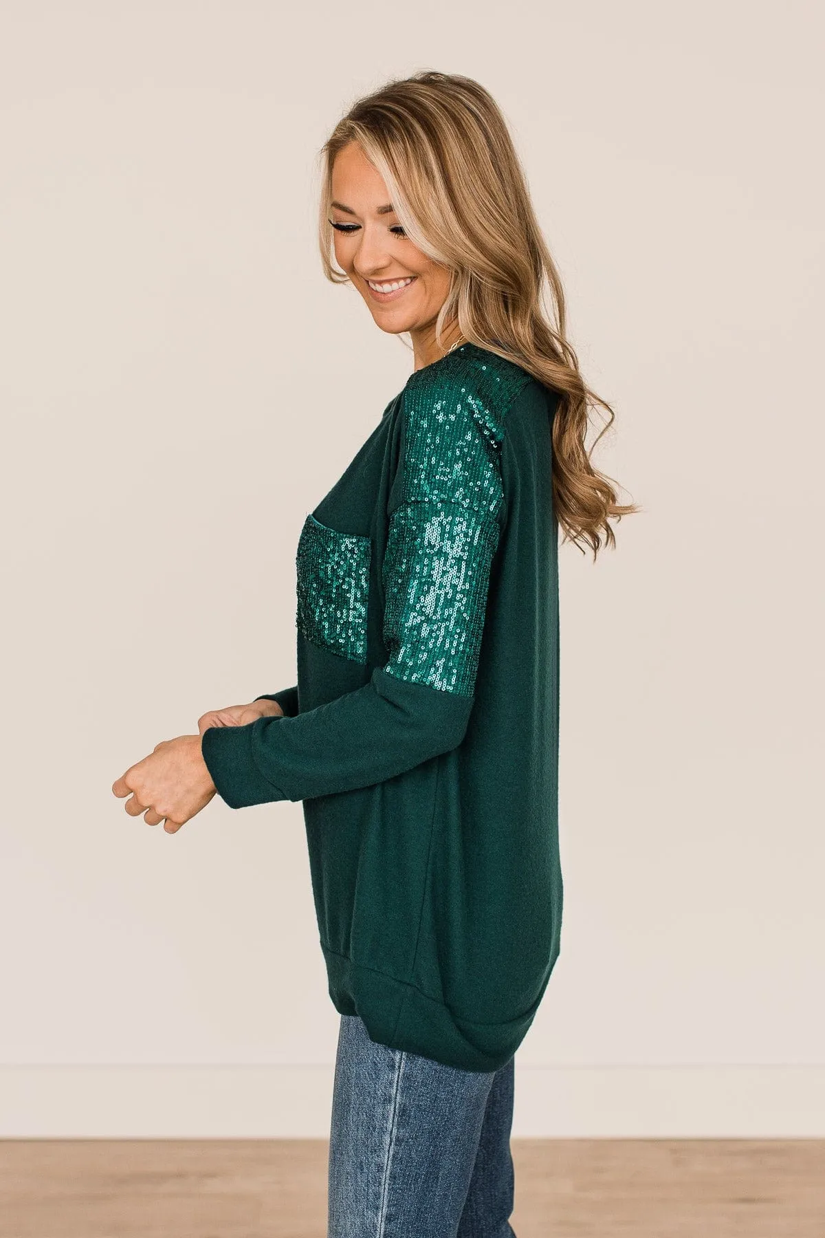 Hunter Green Sequin Knit Top to Take Note