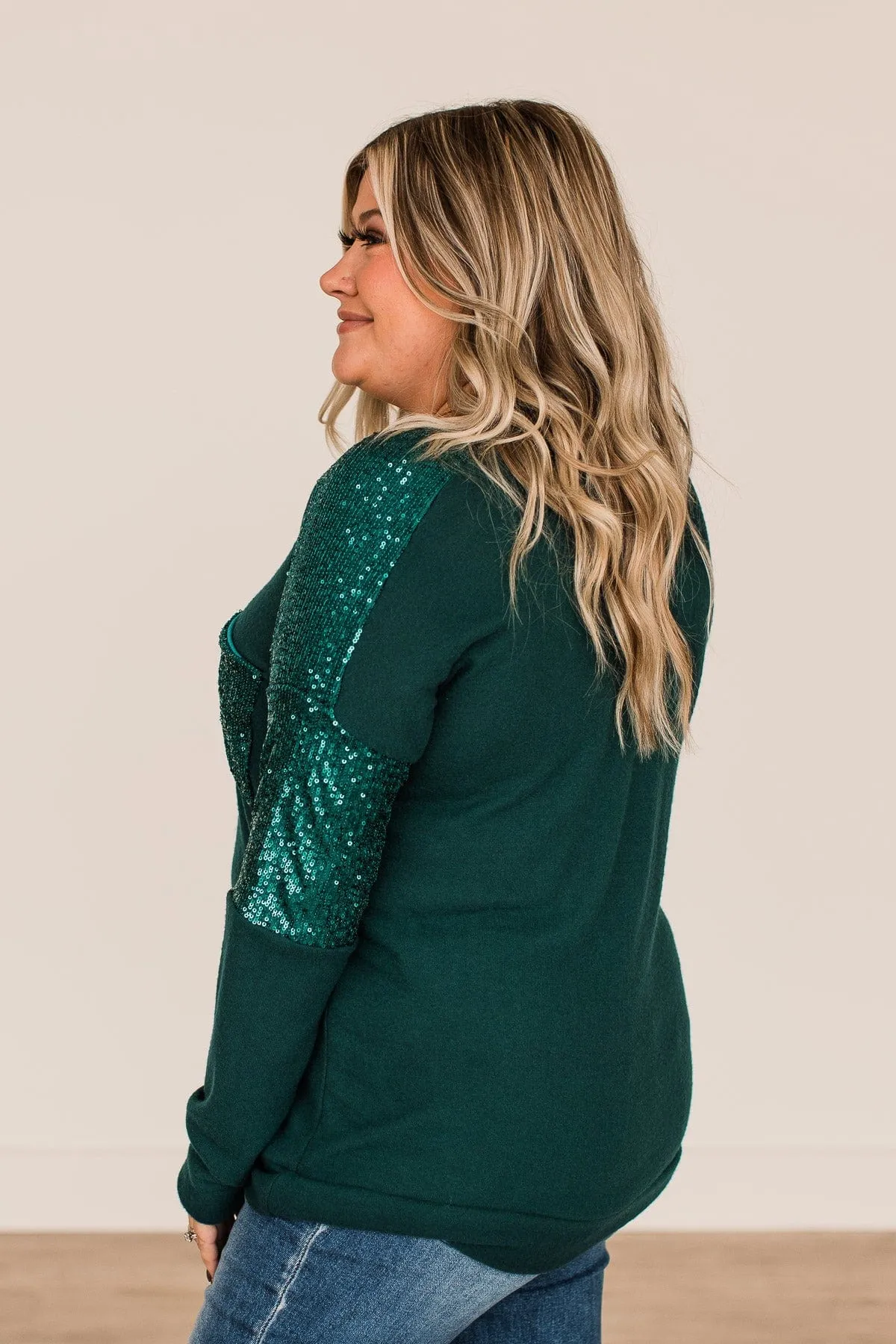 Hunter Green Sequin Knit Top to Take Note