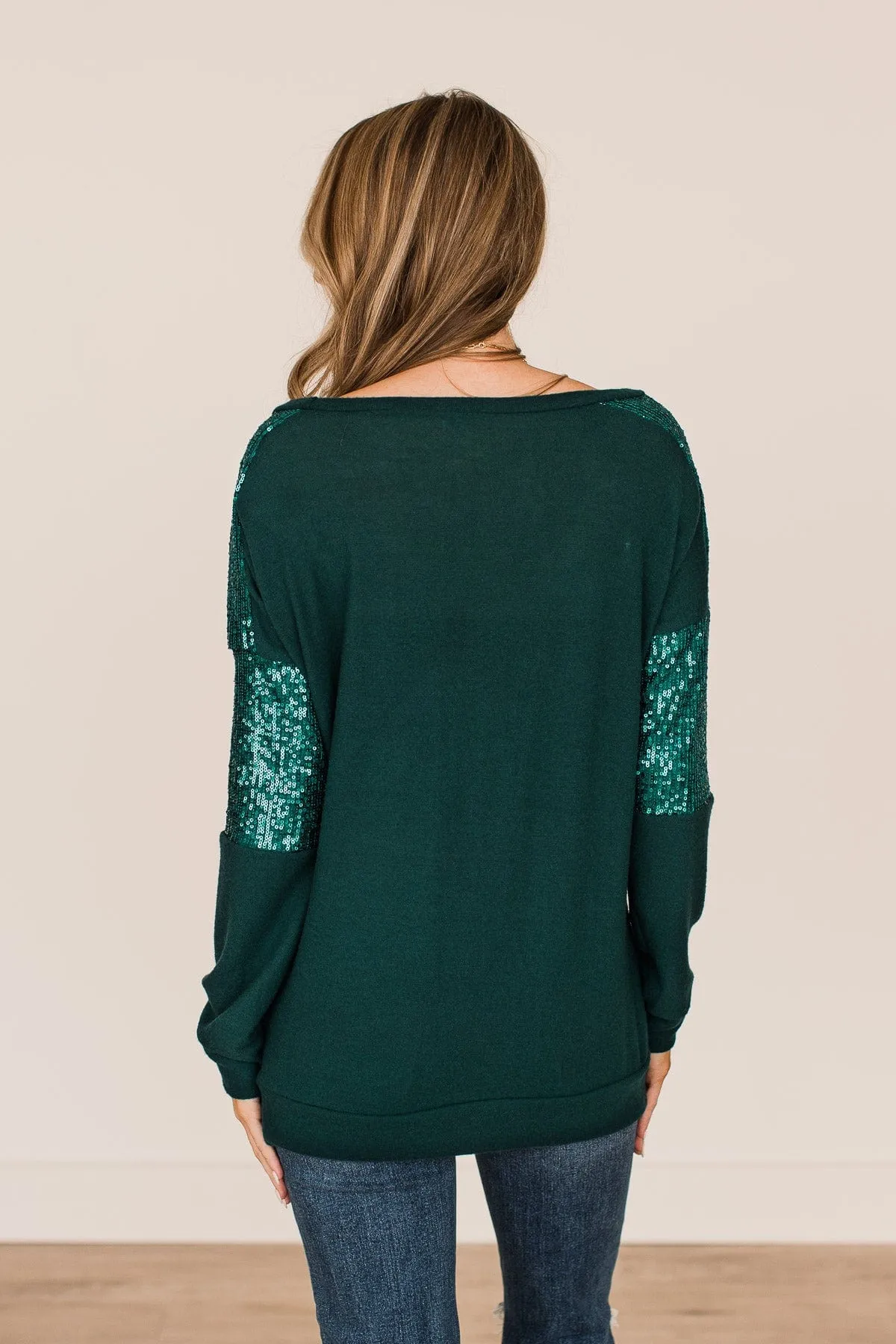 Hunter Green Sequin Knit Top to Take Note