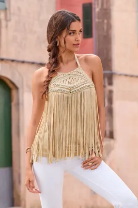 Tan Beaded Macrame Knit Top