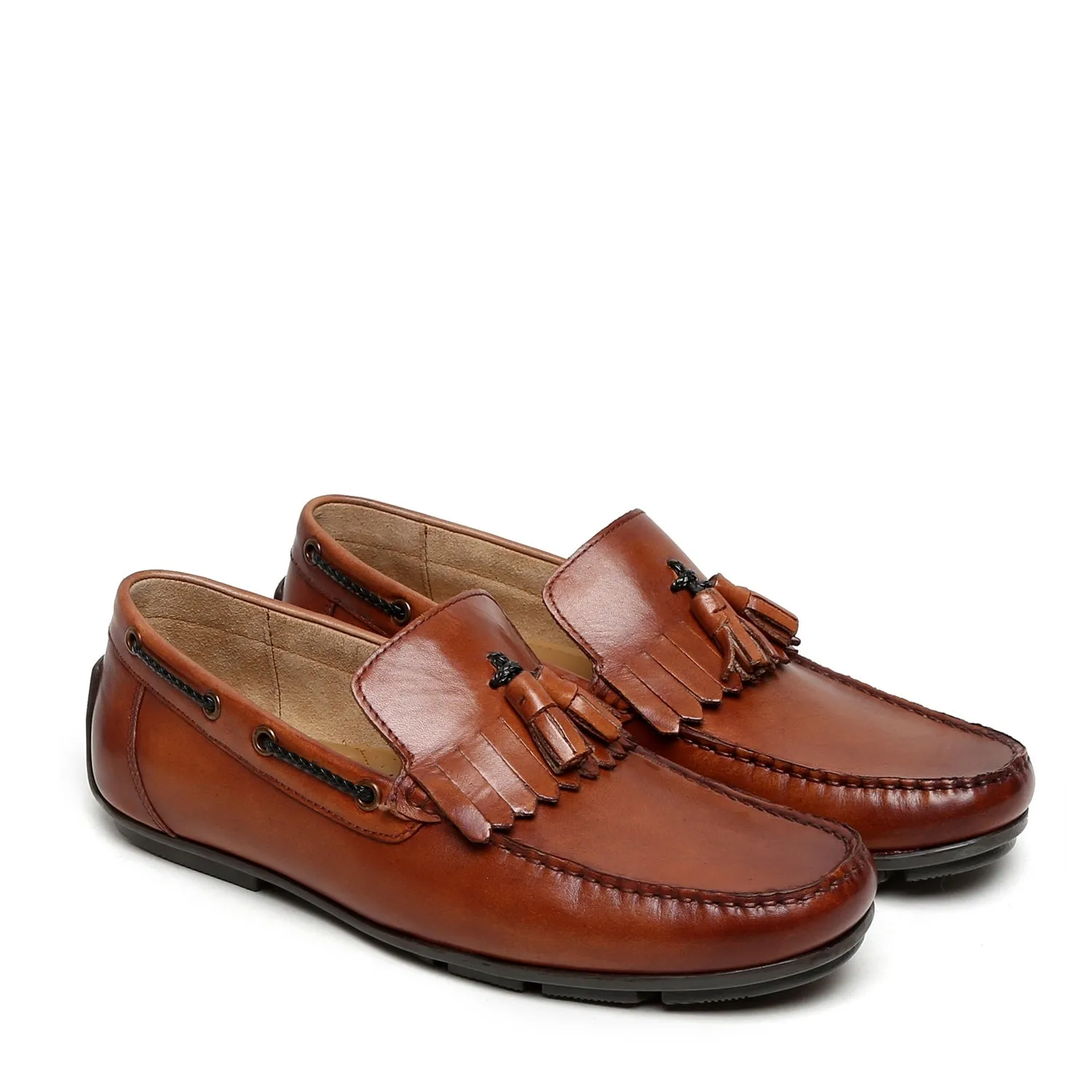 Tan Tassel-Fringes Leather Moccasins Men's Loafer By Brune & Bareskin