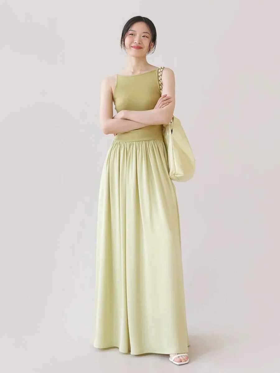 TANSSHOP casual lazy suspender long skirt low waist pleated large skirt flat neckline sleeveless dress solid color