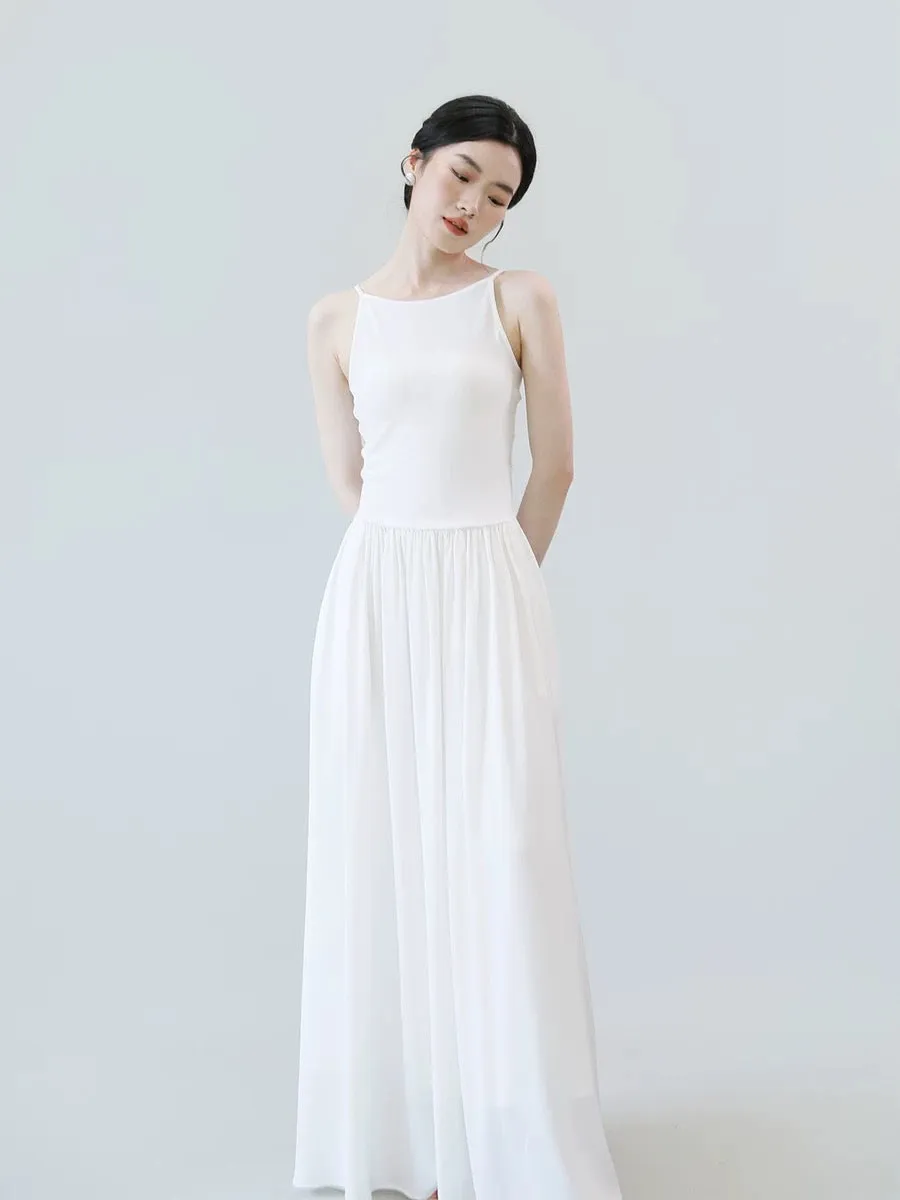 TANSSHOP casual lazy suspender long skirt low waist pleated large skirt flat neckline sleeveless dress solid color