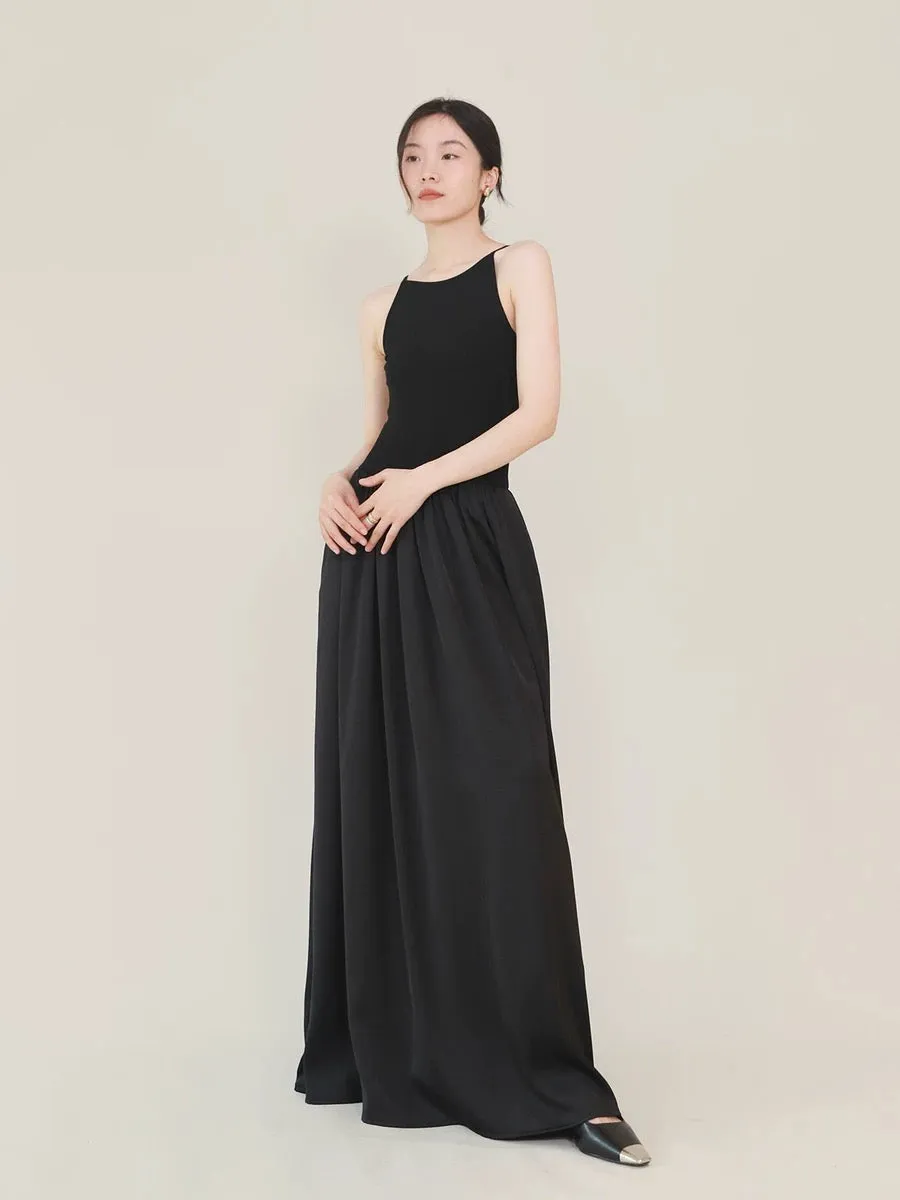 TANSSHOP casual lazy suspender long skirt low waist pleated large skirt flat neckline sleeveless dress solid color