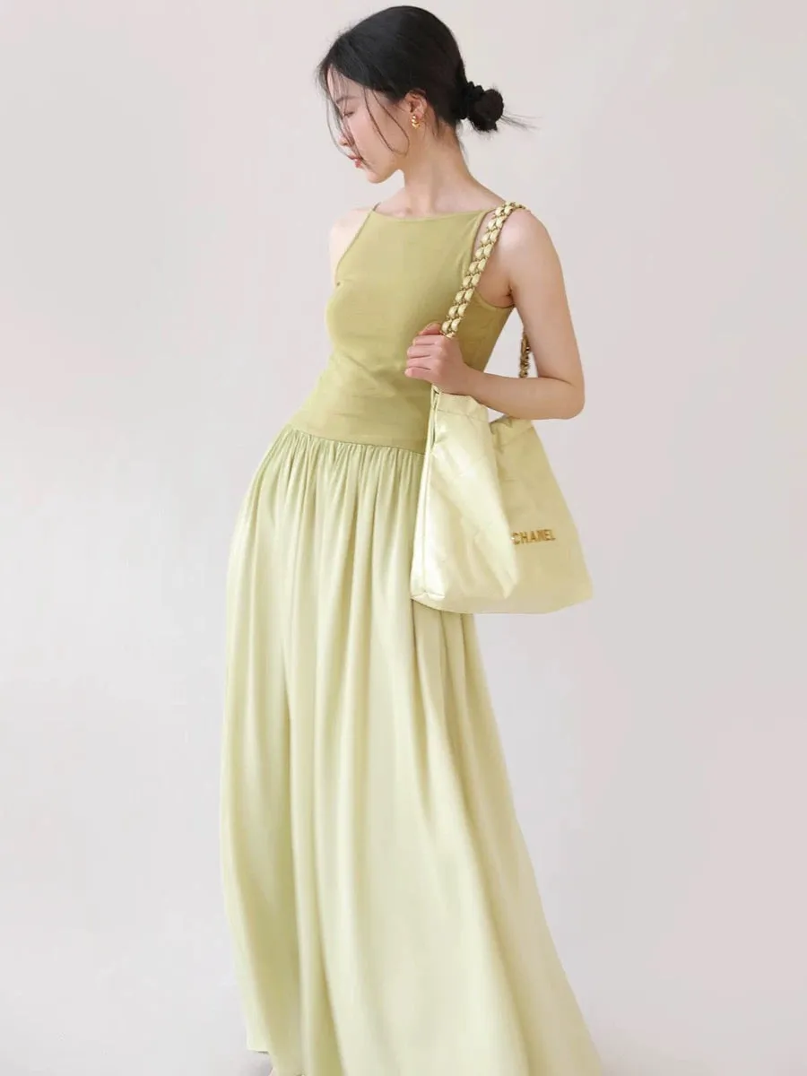 TANSSHOP casual lazy suspender long skirt low waist pleated large skirt flat neckline sleeveless dress solid color