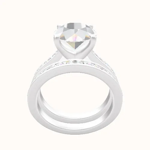 Tapered Channel Set Engagement Ring With Four Prong Head and Matching Band