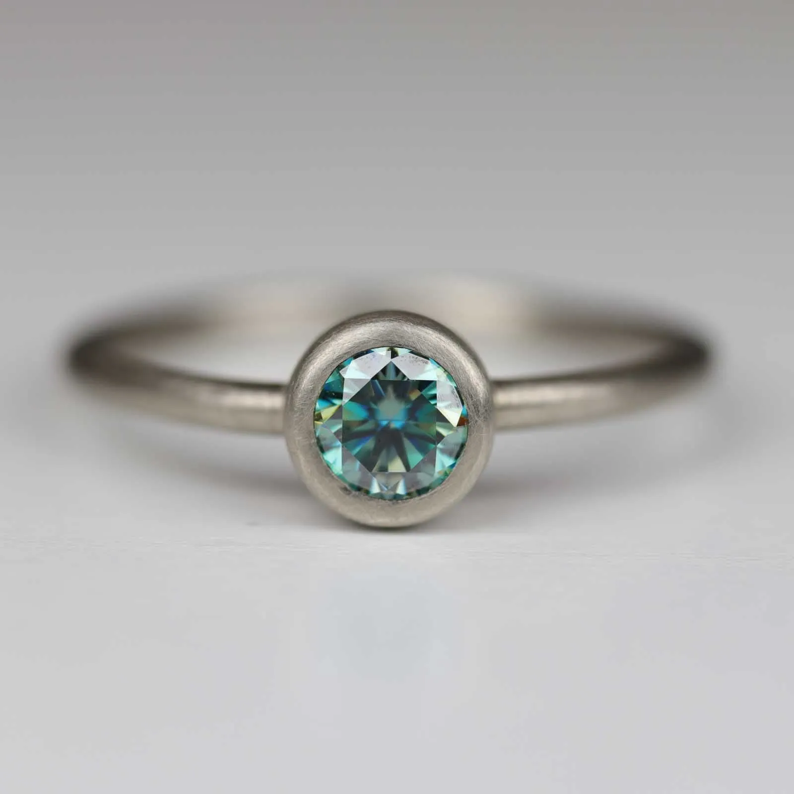 Teal Moissanite Engagement Ring Size 7.5 Bezel Set Solitaire