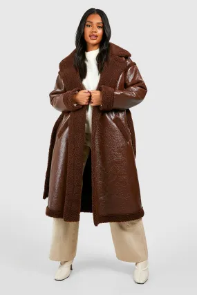 Teddy Trim Vinyl Belted Coat