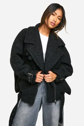 Textured Wool Look Oversized Belted Jacket