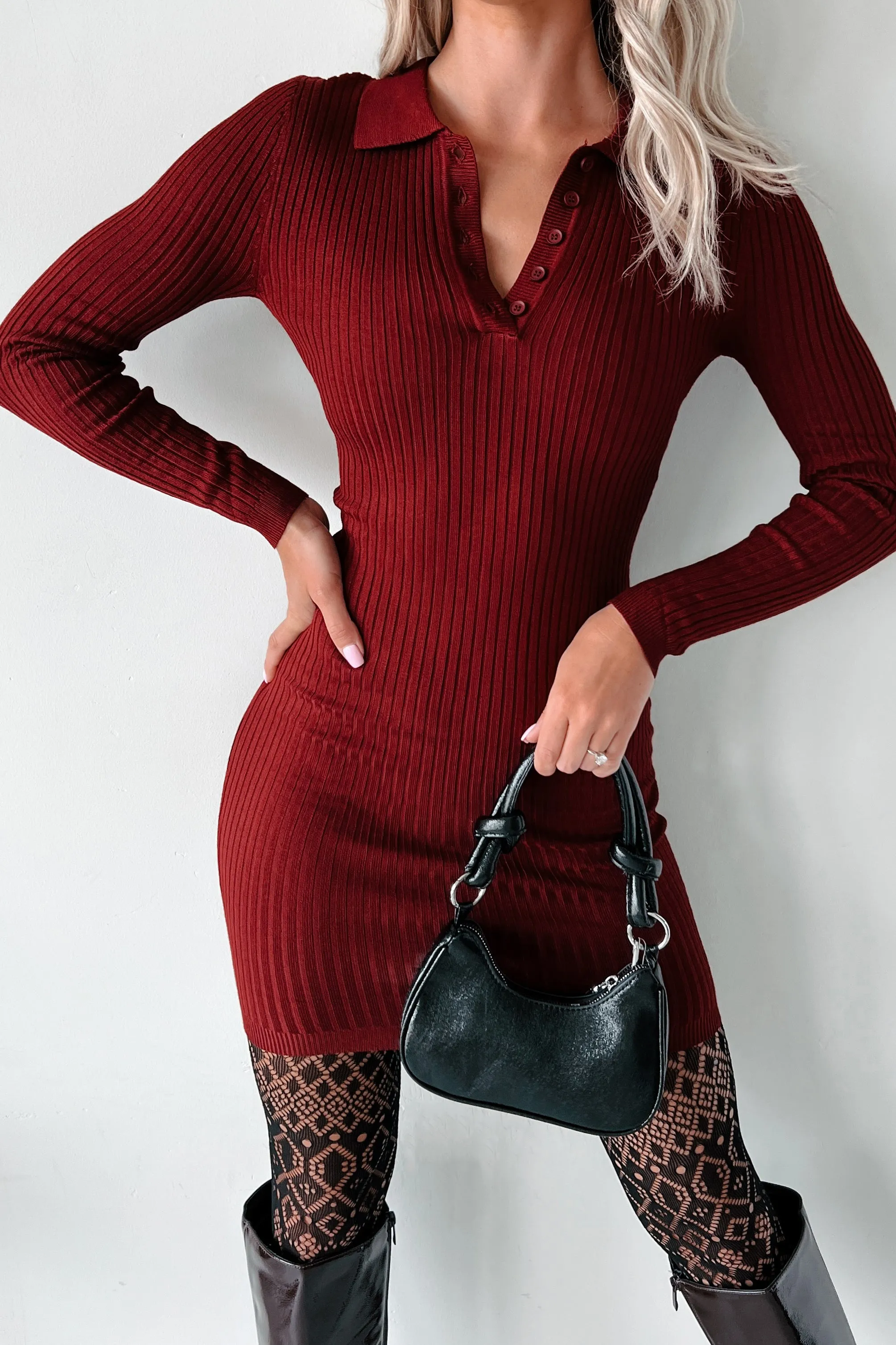 That's Fine By Me Long Sleeve Polo Sweater Dress (Wine)