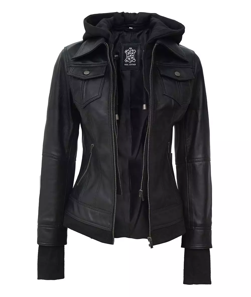 The Céleste: Womens Black Bomber Leather Jacket with Removable Hood