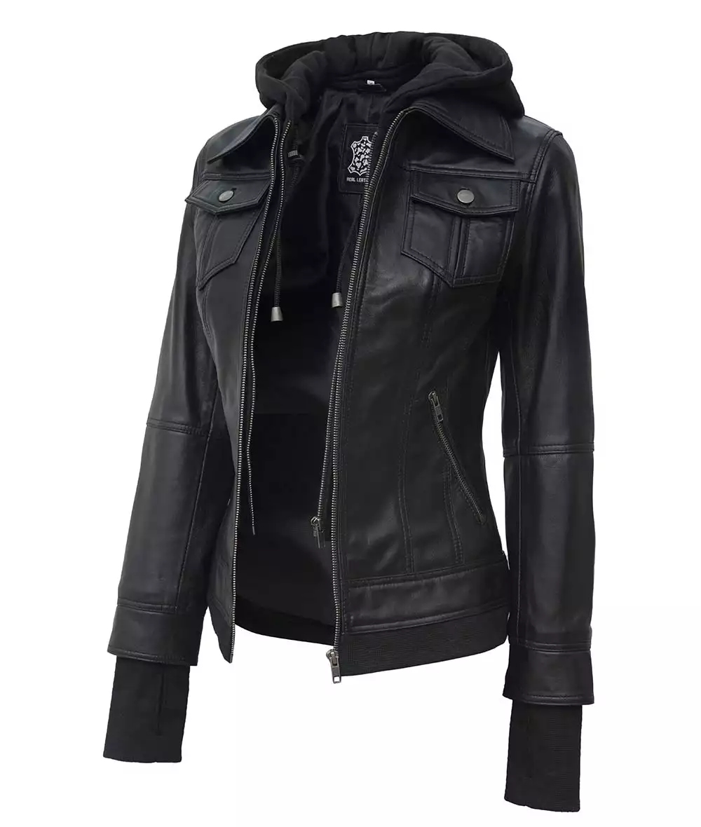 The Céleste: Womens Black Bomber Leather Jacket with Removable Hood