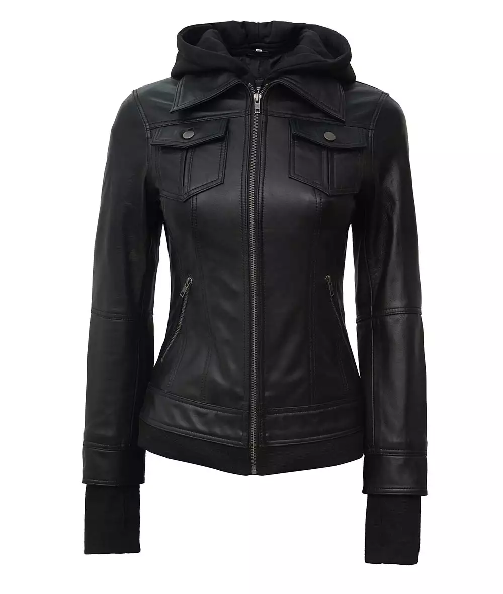 The Céleste: Womens Black Bomber Leather Jacket with Removable Hood