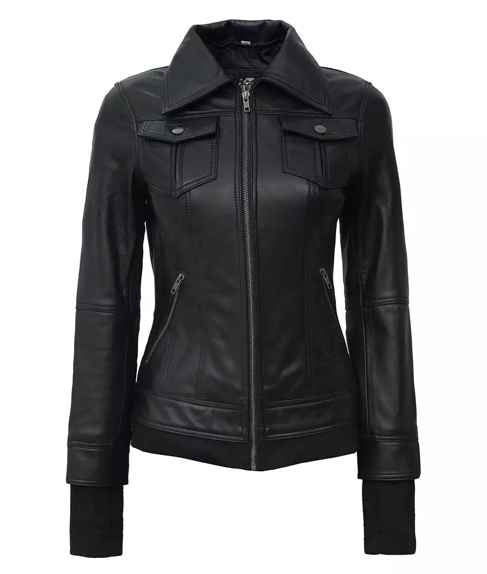 The Céleste: Womens Black Bomber Leather Jacket with Removable Hood